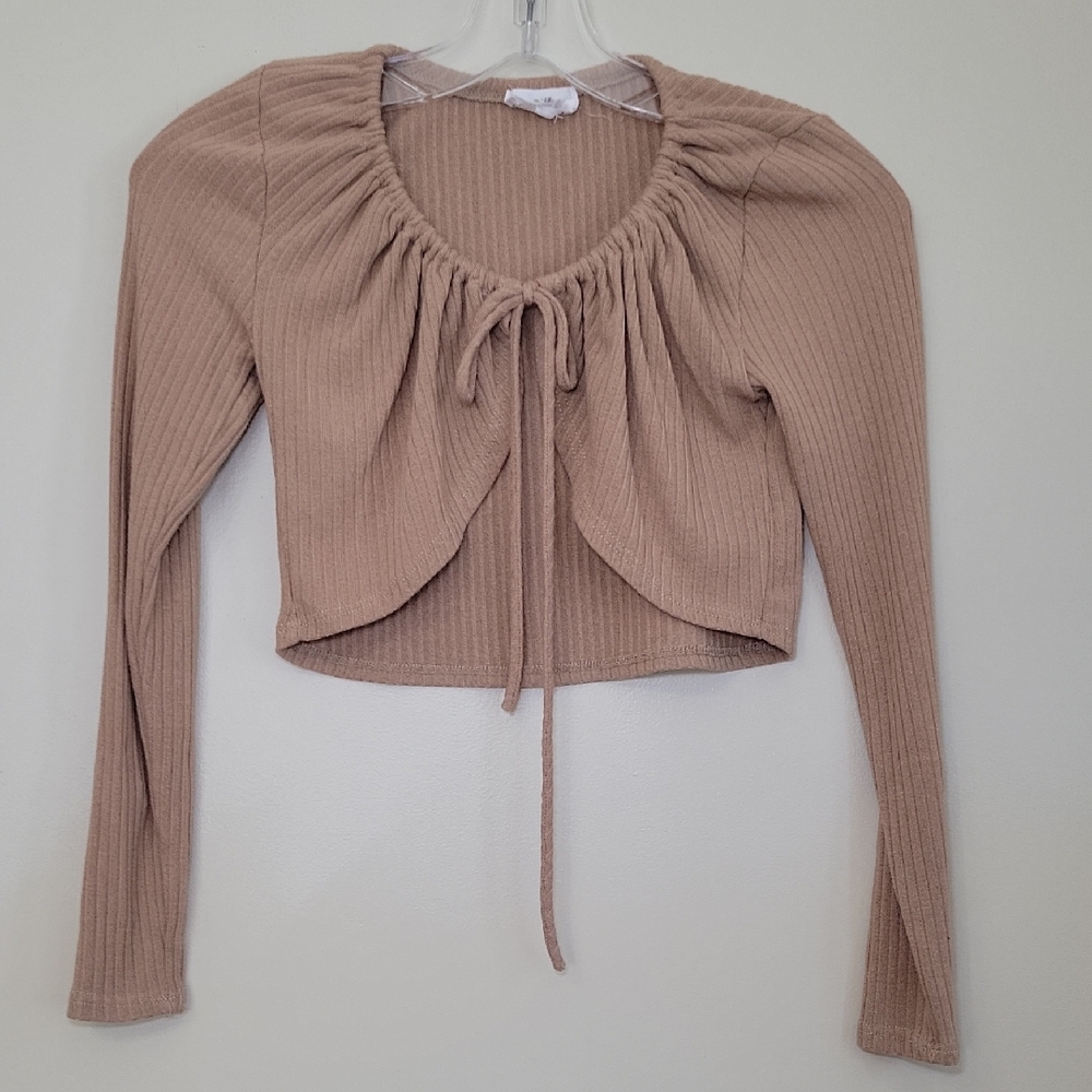 Live In The Moment Tan Ribbed Cropped Bolero Cardigan Tie Front XXS Long Sleeve